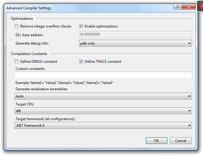 Compile options. Advanced Compiler settings Visual Studio. .Net debug. Alpine configuration Framework. Vs Basic 2010.